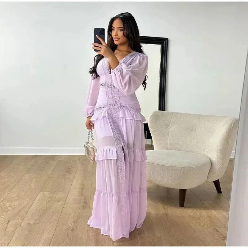 VELORIA™ Comfortable Maxi Dress with V-Neckline and Long Sleeves