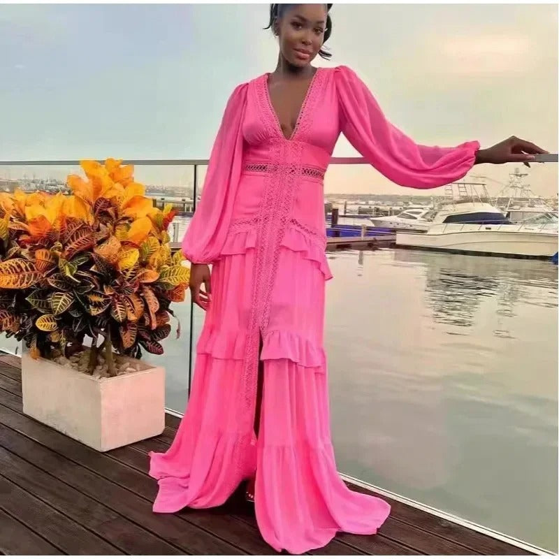 VELORIA™ Comfortable Maxi Dress with V-Neckline and Long Sleeves