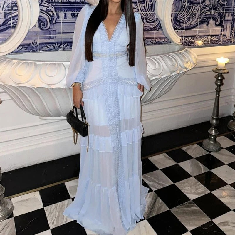 VELORIA™ Comfortable Maxi Dress with V-Neckline and Long Sleeves