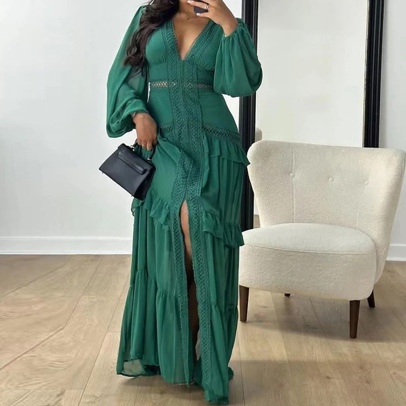 VELORIA™ Comfortable Maxi Dress with V-Neckline and Long Sleeves
